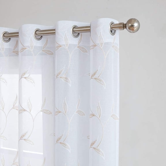 Warm Home Designs Pair of Standard Length 54" x 84" Sheer White Curtains with Gold Linen Leaf Embroidery. M Linen 84