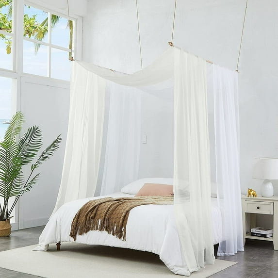 WARM HOME DESIGNS Set of 2 White & Beige Twin Canopy Bed Curtains in 55 x 144 Inch Size. BE White & Beige 144