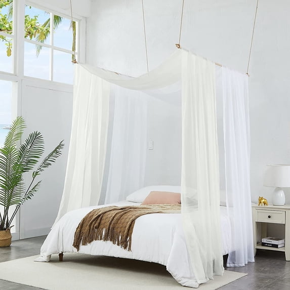 Warm Home Designs Set of 2 White & Beige Canopy Bed Curtains in 55 x 360 Inch Size. BE White & Beige 360