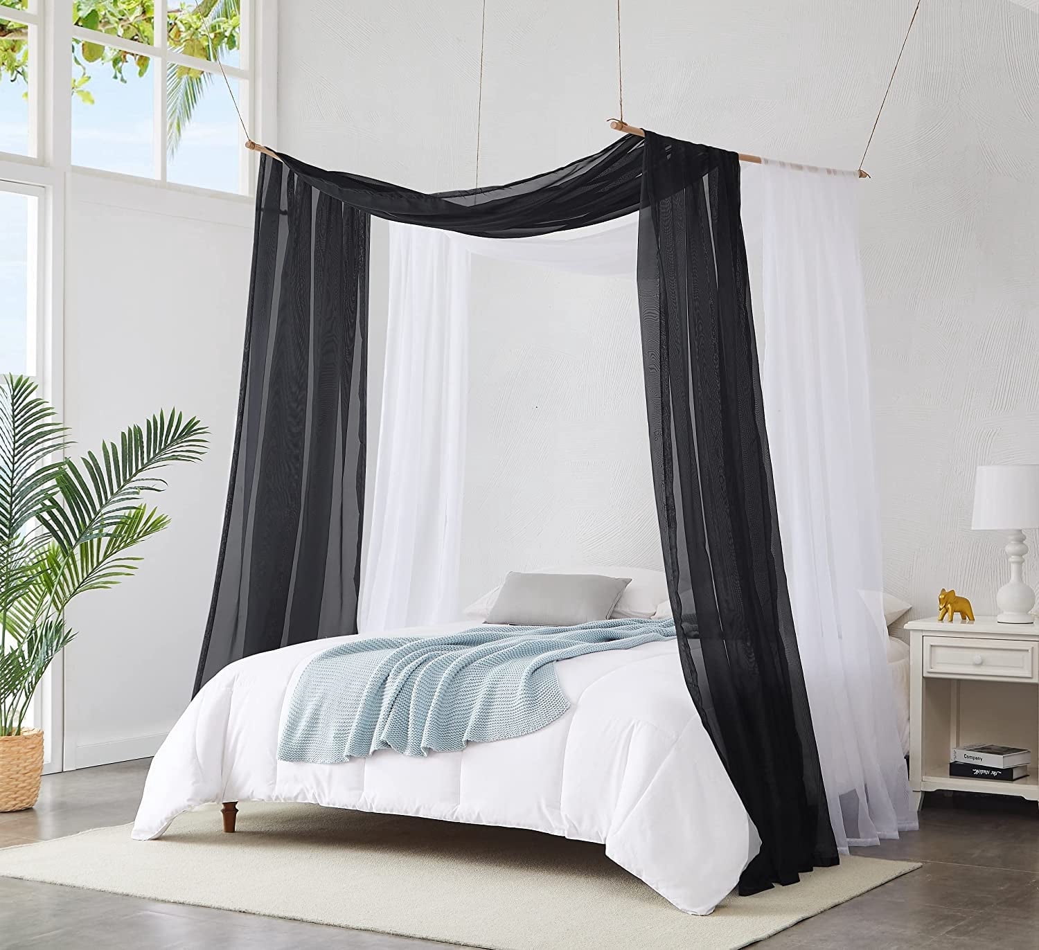 Warm Home Designs Set of 2 White & Black Canopy Bed Curtains in 55 x 360 Inch Size. BE White & Black 360