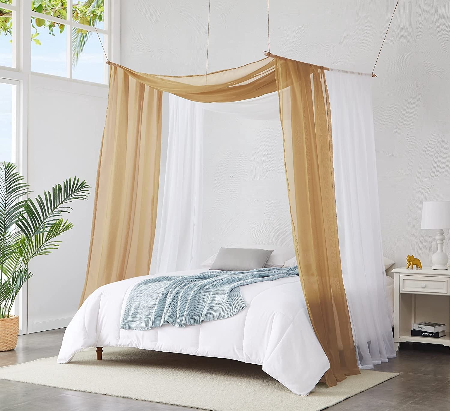 Warm Home Designs Set of 2 White & Gold Canopy Bed Curtains in 55 x 216 Inch Size. BE White & Gold 216