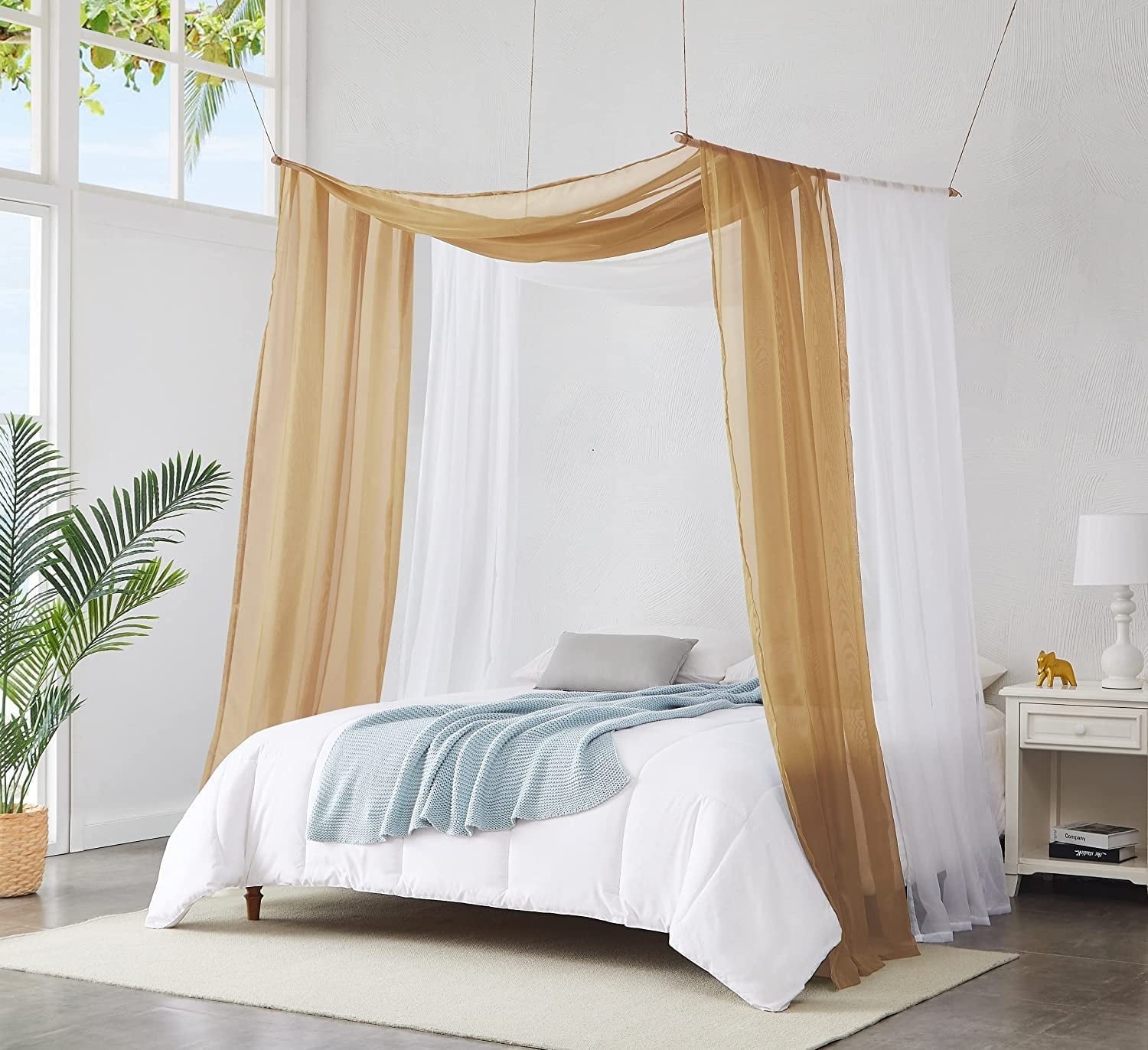 WARM HOME DESIGNS Set of 2 White & Gold Twin Canopy Bed Curtains in 55 x 360 Inch Size. BE White & Gold 360