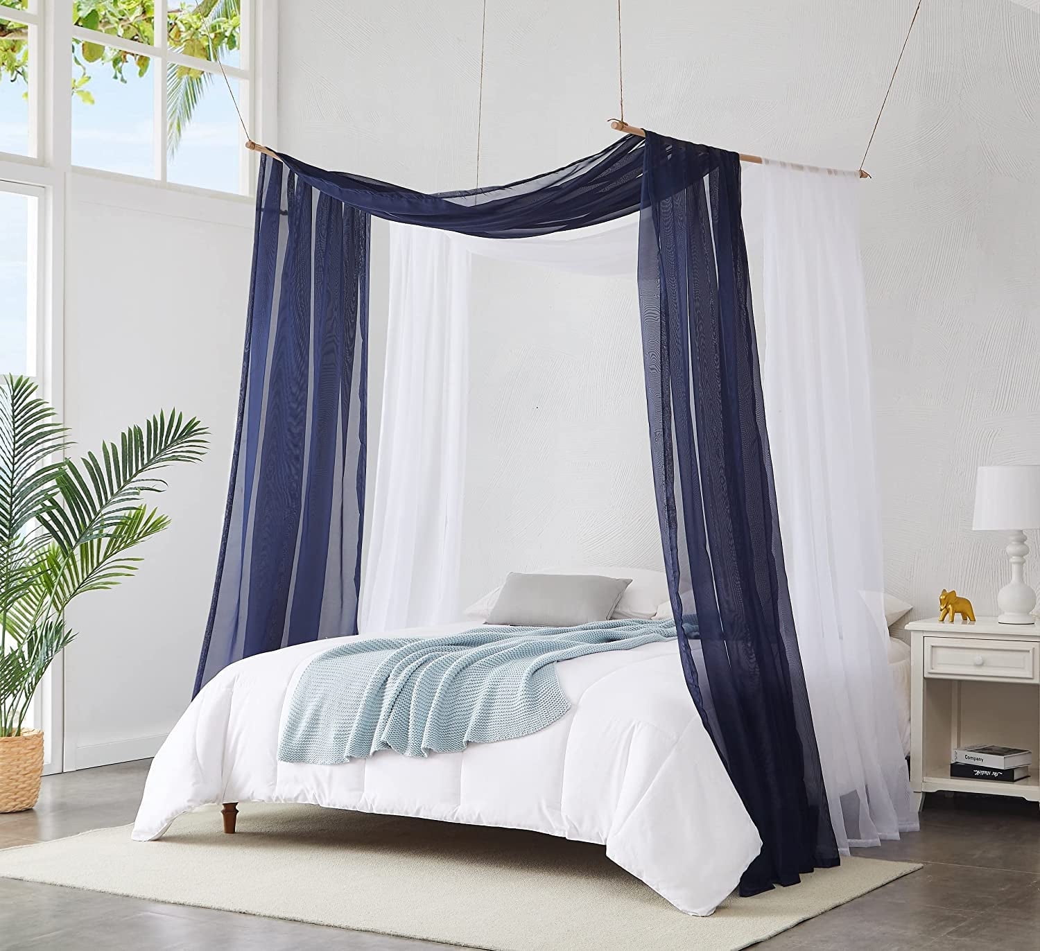 WARM HOME DESIGNS Set of 2 White & N Blue Queen Canopy Bed Curtains in 55 x 216 Inch Size. BE White & N Blue 216