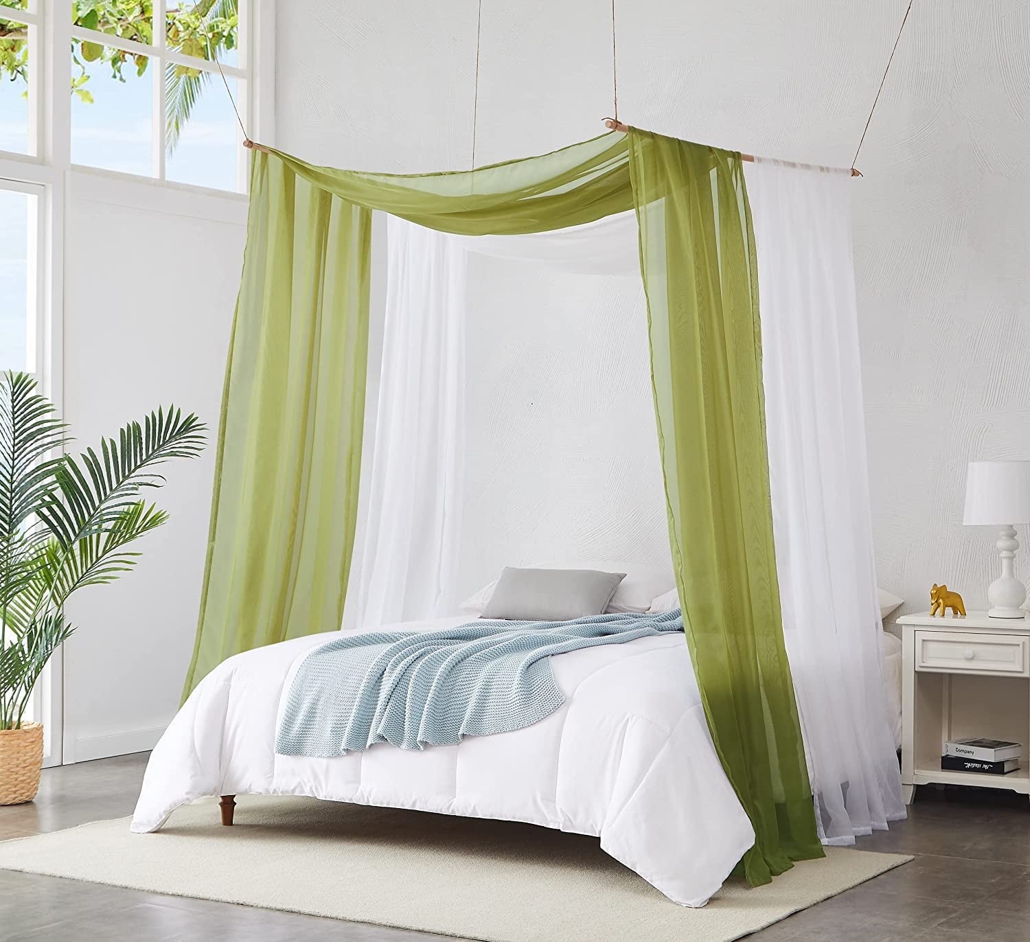 WARM HOME DESIGNS Set of 2 White & S Green Canopy Bed Curtains in 55 x 360 Inch Size. BE White & Sage 360