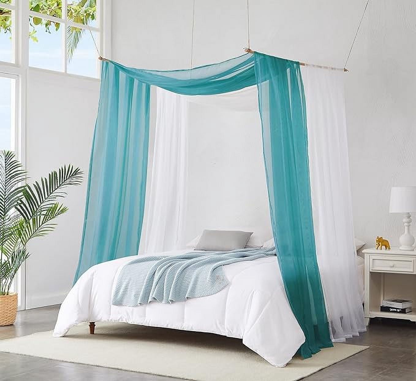 Warm Home Designs Set of 2 White & Teal Canopy Bed Curtains in 55 x 216 Inch Size. BE White & Teal 216