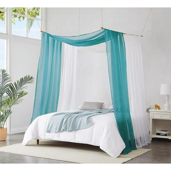 WARM HOME DESIGNS Set of 2 White & Teal Canopy Bed Curtains in 55 x 360 Inch Size. BE White & Teal 360