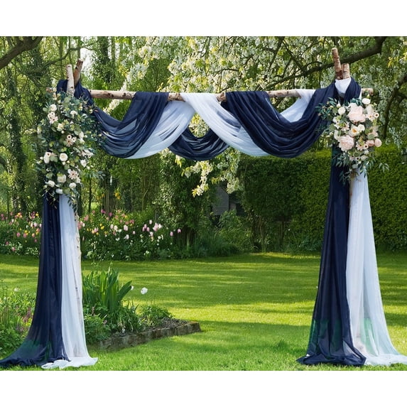 Warm Home Designs Wedding Arch Draping Fabric Bundle Has 2 216 Inch (18 Feet) Scarves in White & Navy Blue Colors for Wedding Ceremony or Photo Backdrop. AD White & Navy 216