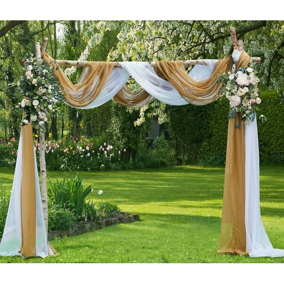 Warm Home Designs Wedding Arch Draping Fabric Bundle Has 2 288 Inch (24 Feet) Scarves in White & Caramel Gold Colors for Wedding Ceremony or Photo Backdrop. AD White & Gold 288
