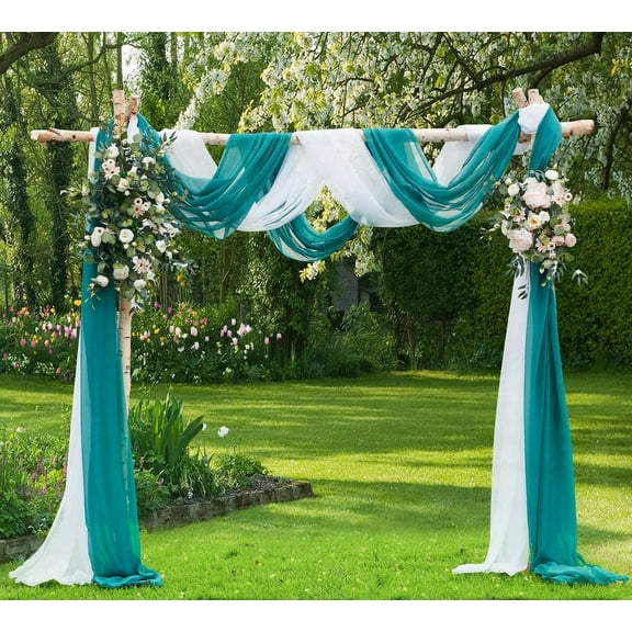 Warm Home Designs Wedding Arch Draping Fabric Bundle Has 2 288 Inch (24 Feet) Scarves in White & Green Teal Colors for Wedding Ceremony. AD White & Teal 288
