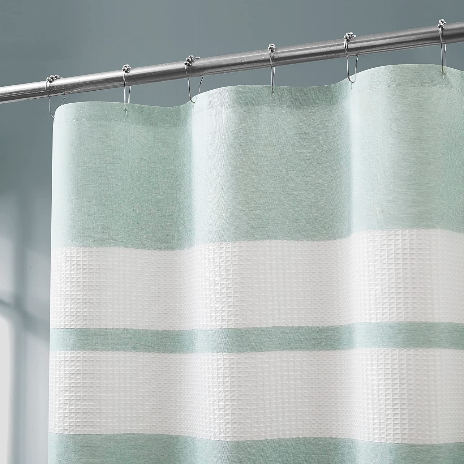 Warm Home Designs White Waffle Shower Curtain with Mint Linen Stripes