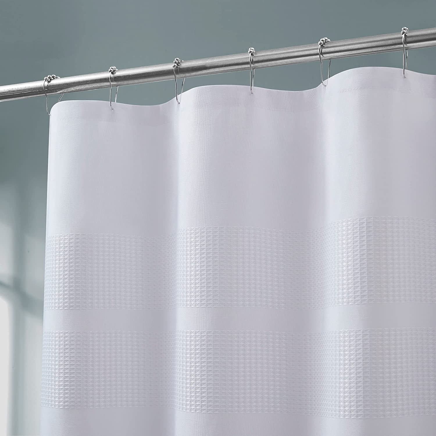 Warm Home Designs White Waffle Shower Curtain with White Stripes