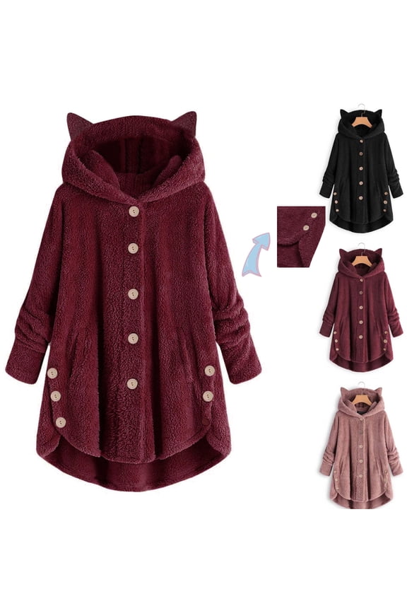 Warm Hooded Long Cardigan Sweaters for Women Lounge Solid Color Irregular Hem Winter Coats Oversized Long Sleeve Button Down Hoodies with Cats Ears