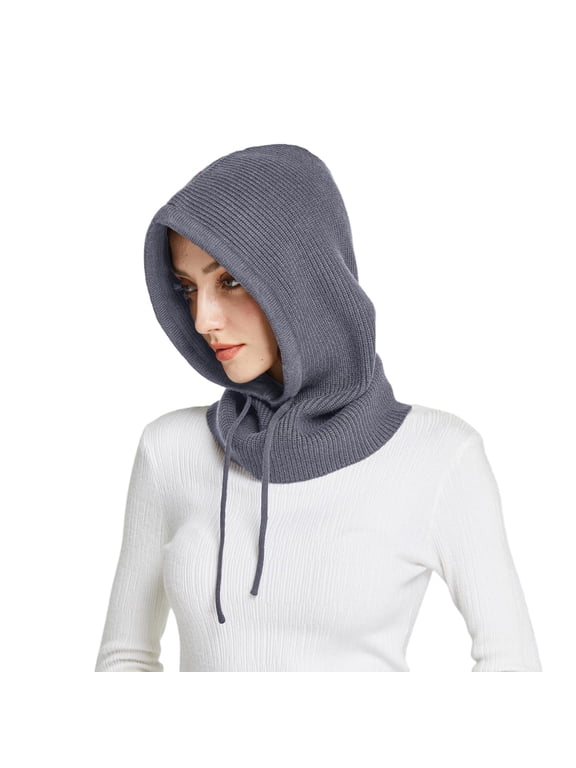 Warm Hooded Scarf Hat for Women Balaclava Pullover Knitted Beanie Hat with Drawstring Winter Hats for Women