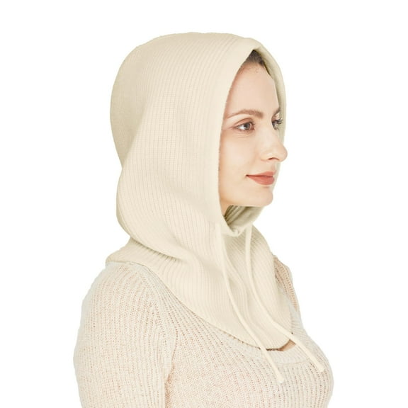 Warm Hooded Scarf Hat for Women Balaclava Pullover Knitted Beanie Hat with Drawstring Winter Hats for Women