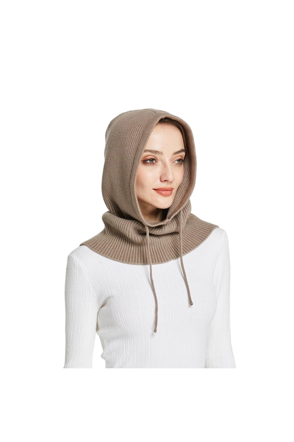 Warm Hooded Scarf Hat for Women Balaclava Pullover Knitted Beanie Hat with Drawstring Winter Hats for Women