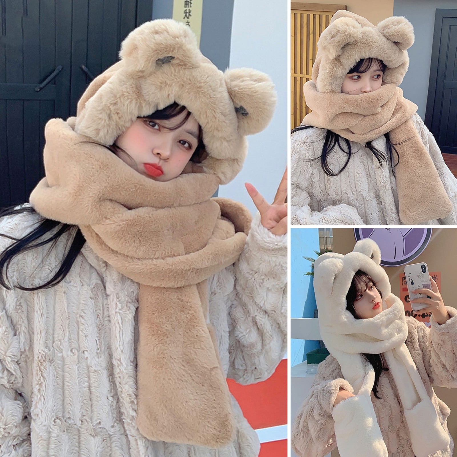 Warm Hoodie Hat/Scarf/Gloves Set for Women Soft Plush Thick 