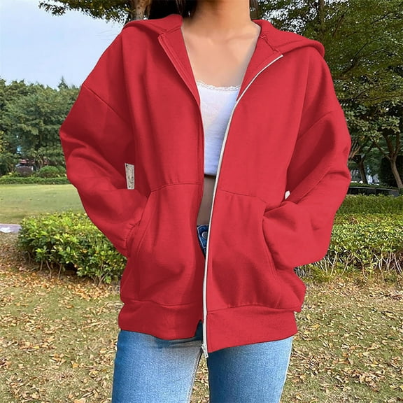 Warm Hoodies For Women Warm Casual Long Sleeve Hooded Solid Red Sweatshirts Fall Outfits Winter Clothes 2025 With Pockets S-3XL