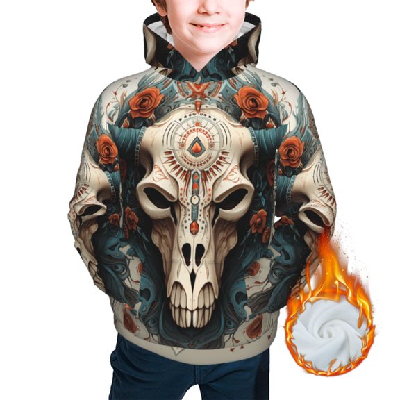 Warm Hoodies for Boys Girls Sweashirts Youth Teen Thickened Hoodie, Bull Skull Horns Ethnic Vintage Art