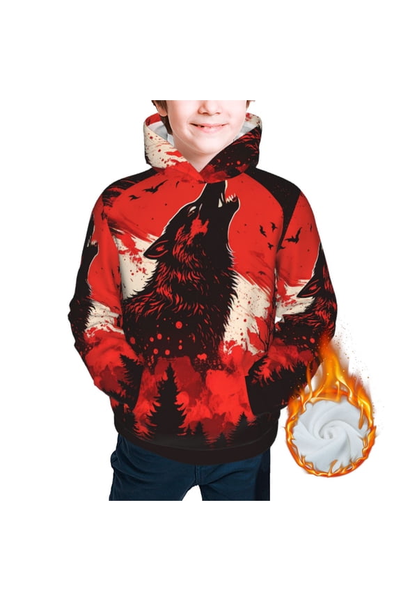 Warm Hoodies for Boys Girls Sweashirts Youth Teen Thickened Hoodie, Howling Wolf Blood Red Moon Cool