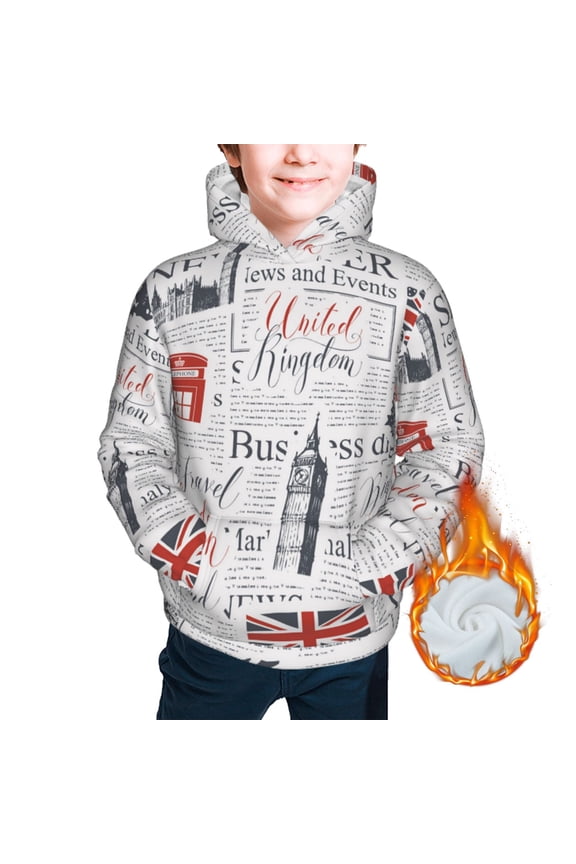 Warm Hoodies for Boys Girls Sweashirts Youth Teen Thickened Hoodie, Uk And London British Vintage Newspaper