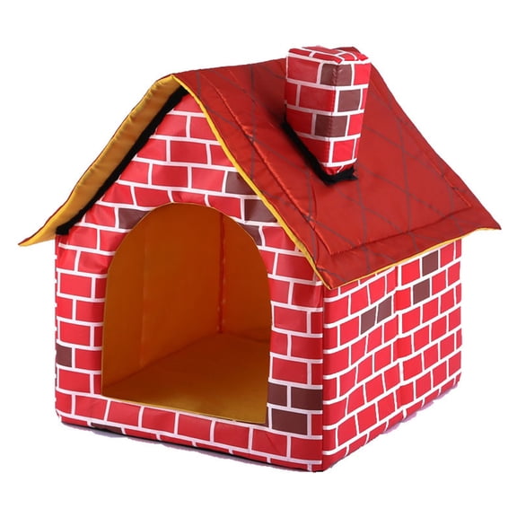 Warm Indoor Soft Dog Kennel with Chimney Pet Large House Simulation Brick Doggy Beds with Mat Indoor Polyester Nest Tent Red Portable Pet Supplies
