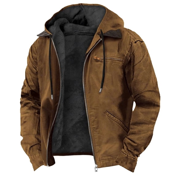 Warm Jacket for Men Men's Drawstring Hooded Jackets Winter Warm Fleece Lined Coats Fashion Zip up Outwear Jacket with Pockets Brown L