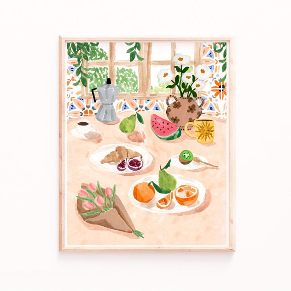 Warm Kitchen Still Life Fruits Flowers Coffee Pot Gingham Pattern Artwork, Unframed Poster