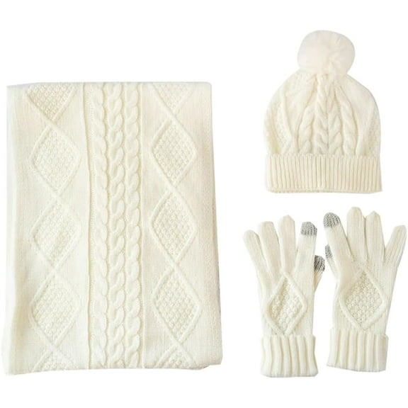 Warm Knit Beanie Hat Scarf and Gloves For Women Skull Cap With Pom Long Scarf Touch Screen Gloves Soft Winter Knit Set