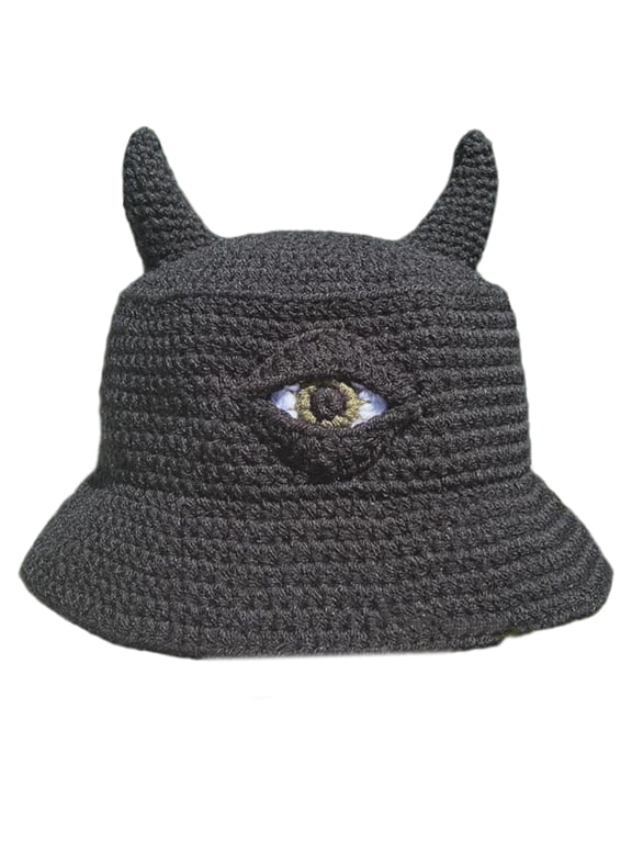 Warm Knit Cap Bucket Hat Cute Devil Horns Single Eye Decorations Halloween Knitted Hats Winter Headwear for Women Men