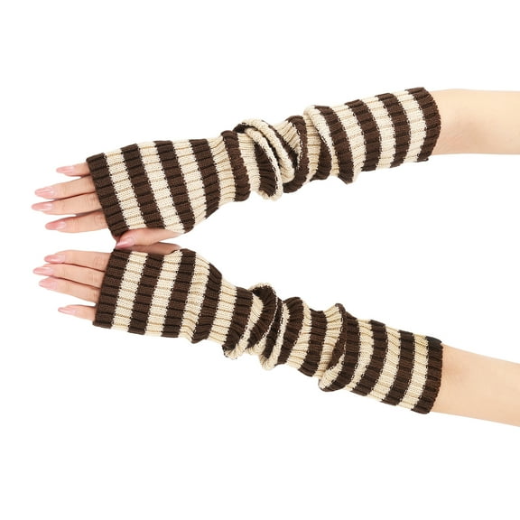 Warm Knit Fingerless Gloves Long Striped Design For Women Cold Weather Outdoor Activities