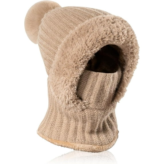 Warm Knitted Hat for Women, 3 in 1 Women Balaclava Hat with Pompom, Windproof Flexible Soft Thick Fleece Lined Beanie Hat with Face Mask and Neck Warmer for Outdoor Sports Ski, Winter Gift