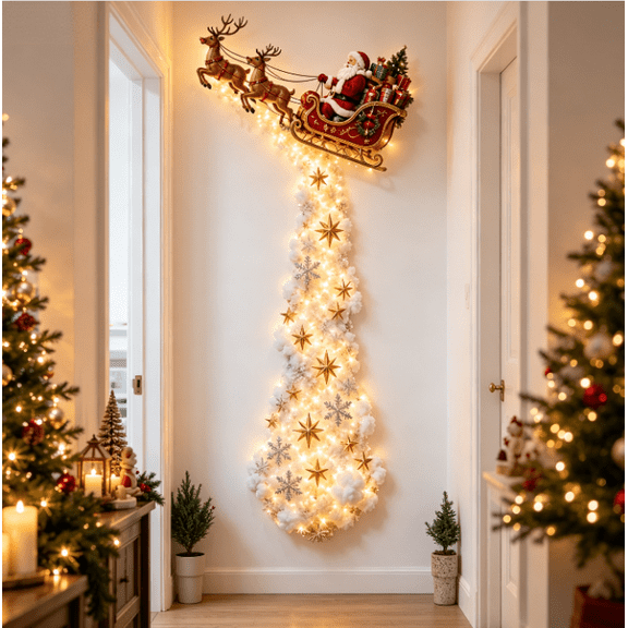 Warm LED Christmas Wall Hanging Decor Santa Sleigh Reindeer Lighted Ornament with Snowy Trail for Living Room Entryway Display
