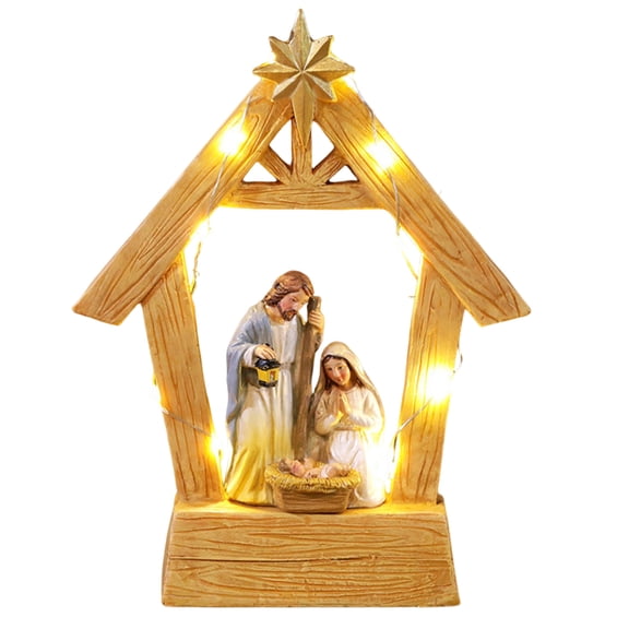 Warm LED Illuminating Nativity Scene Ornament Resin Craft Holy Family Figurine Statue Festive Christmas Display Piece