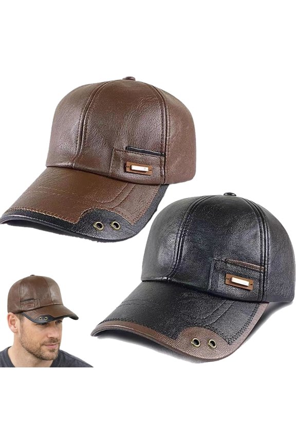 Warm Leather Baseball Cap, 2027 Adjustable Men's Genuine Cowhide Leather Baseball Fleece Lining Cap for Fall Winter Outdoor