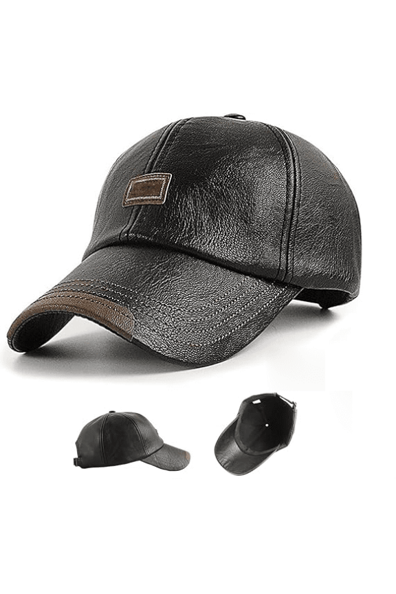 Warm Leather Baseball Caps, PU Leather Flat Top Warm Baseball Cap - Thick Fleece Lining for Fall Winter Outdoor （Black）