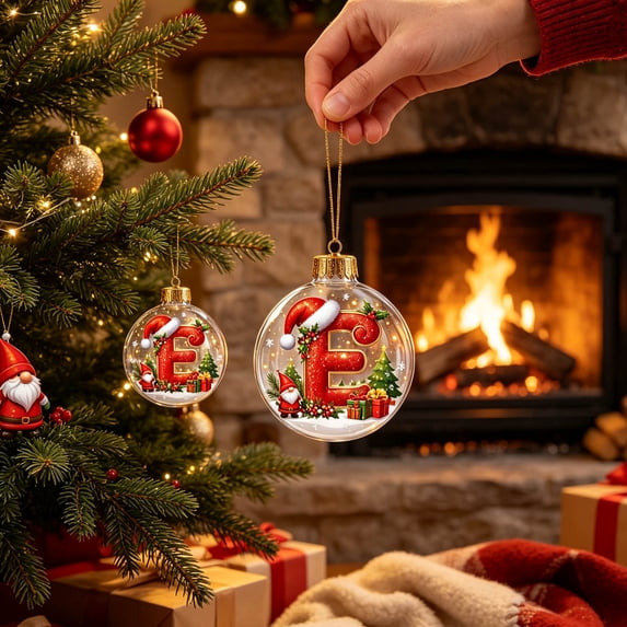 Warm Led Lighted Christmas Ball Tree Decor Ornament Pendant With 2D Acrylic Letter, Snowflake Glass Ball 3.15In Hanging Decor For Kids Family Friends, Customized Letter Name Ornament