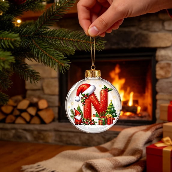 Warm Led Lighted Christmas Ball Tree Decor Ornament Pendant With 2D Acrylic Letter, Snowflake Glass Ball 3.15In Hanging Decor For Kids Family Friends, Customized Letter Name Ornament