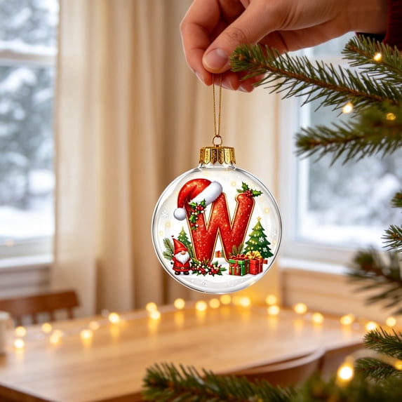 Warm Led Lighted Christmas Ball Tree Decor Ornament Pendant With 2D Acrylic Letter, Snowflake Glass Ball 3.15In Hanging Decor For Kids Family Friends, Customized Letter Name Ornament
