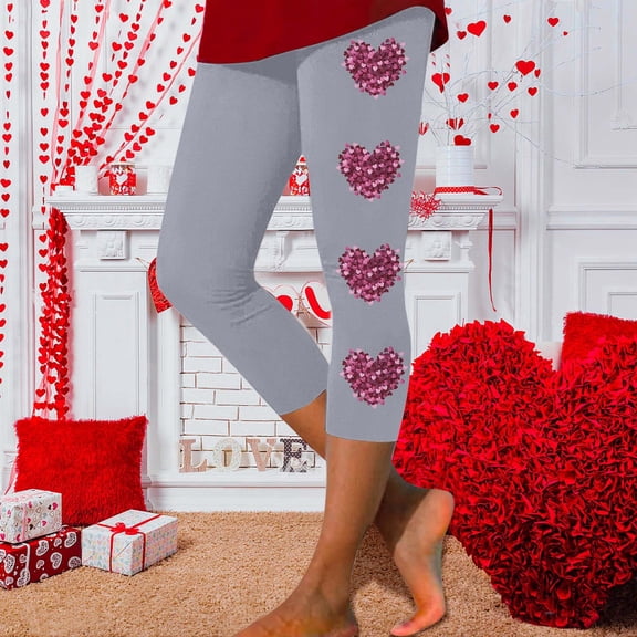 Warm Leggings For Women Valentine Heart Print Cozy Soft Stretchy High Waisted Yoga Pants Casual Tights Tummy Control Running Pants Grey XXXL