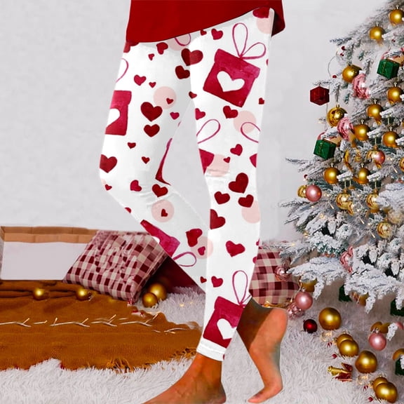 Warm Leggings For Women Valentine Heart Print Velvet Stretchy Yoga Pants Cozy Soft Casual Tights Tummy Control Activities Trousers White XL