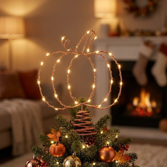 Warm Light Wire Pumpkin Xmas Tree Topper, Glitter Metal Pumpkin Lantern Lighted Tree Top Ornament, Christmas Tree Decor, for Xmas Tree, Home, Mantel, Decoration