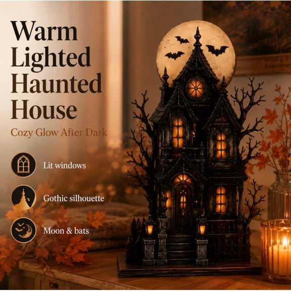 Warm Lighted Haunted House Lighted Halloween Haunted House, Hand-Painted Look with Character, Perfect for Creating a Haunted Village Scene