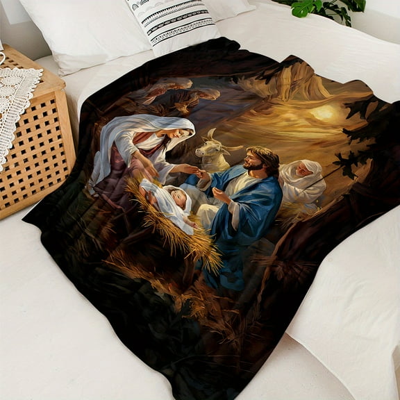 Warm Lightweight Wrap Soft Flannel Digital Print Throw Blanket with Religious Nativity Scene Cozy Warm Lightweight Wrap for Bedroom Living Room Office Travel Ideal Gift for Holiday