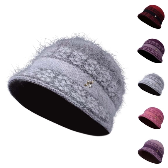 Warm Lined Knit Wool Hat for Women, Winter -Lined Cloche Beanie with Visor, Cable Knitted Bucket Bonnet for Moms