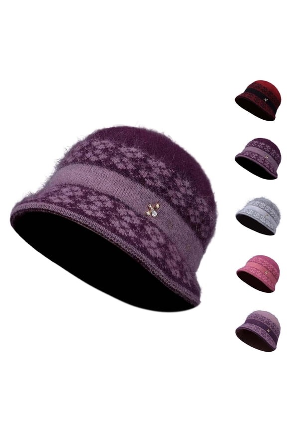 Warm Lined Knit Wool Hat for Women, Winter -Lined Cloche Beanie with Visor, Cable Knitted Bucket Bonnet for Moms