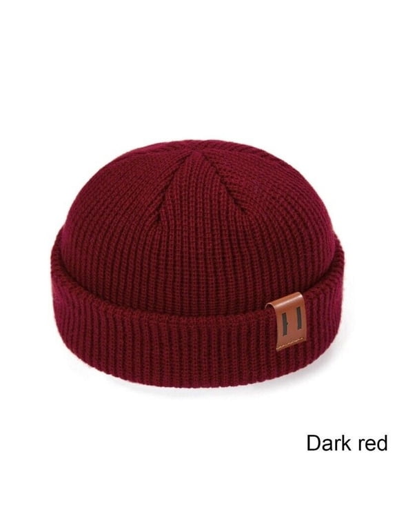 Warm Men Mini Fisherman Beanie Hat Knitted Ribbed Docker Skull Cap Winter Women, Wine Red