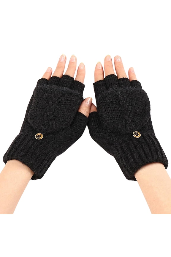 Warm Mittens with Finger Flap Cover Black Winter Flip Top Knit Fingerless Soft Convertible Crochet Knitted Thumb Hole Gloves Bulk