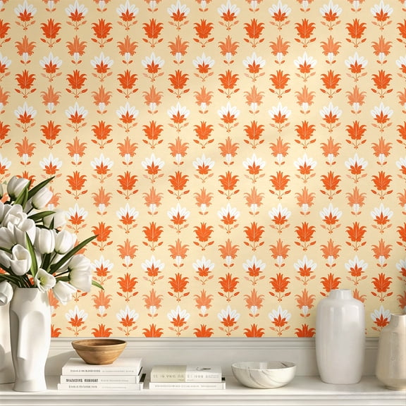 Warm Orange Boho Floral Pattern Stick Wallpaper, Vintage Minimalist Aesthetic Wall Art, Wall Decor, Elegant Exquisite Home Wall Decoration for Living Room, Bedroom, Apartment & Dorm Room