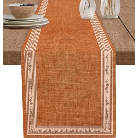 Warm Orange Retro Greek Key Short Table Runners 36 Inches, Cotton Linen Fabric Table Runner Geometric Greece Ancient Meander Fret Tablerunner for Party/Kitchen/Dinner 13x36