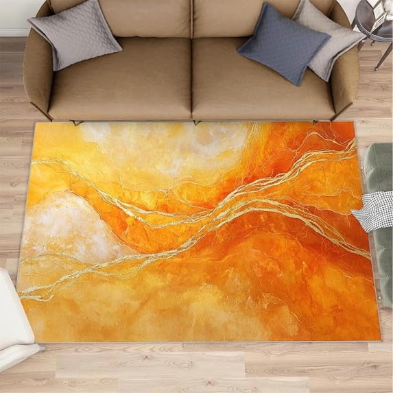 Warm Orange Rugs for Living Room, Orange Gold Design, Abstract Area Rug ...